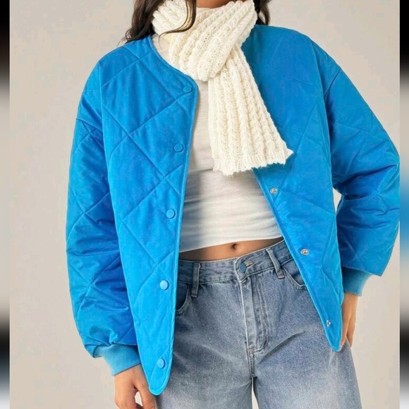 Winter Peacock Blue Quilted Casual Warm Padded Long Sleeve Jacket - Picture 5 of 5